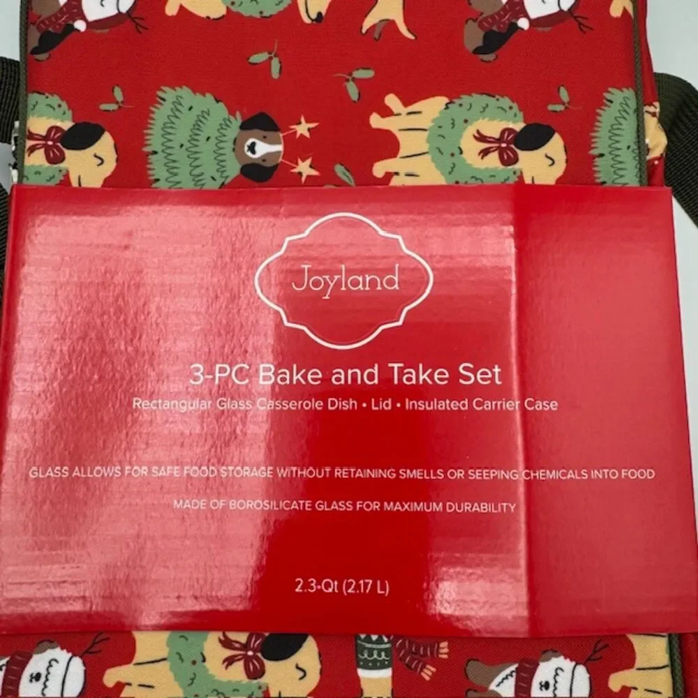 Joyland Bake & Take 3-PC Casserole Dish Holiday Insulated Dogs Bag 2.3QT READ